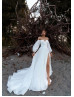 Off Shoulder White Chiffon Slit Boho Wedding Dress